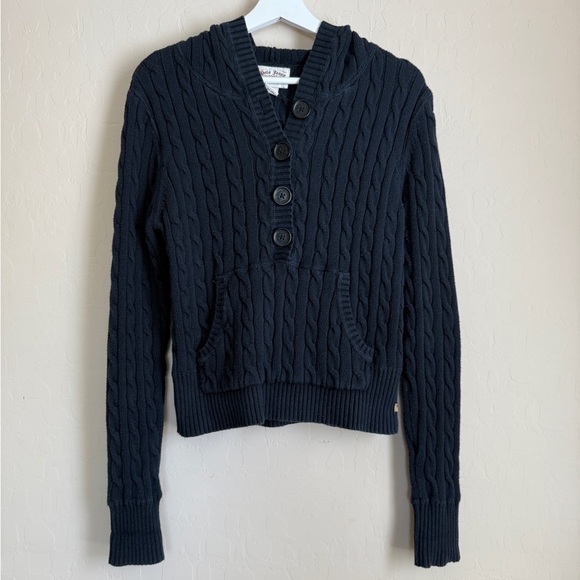 Ralph Lauren Navy Blue Cableknit Hooded Button Henley Hoodie Sweater Large y2k - Picture 1 of 10